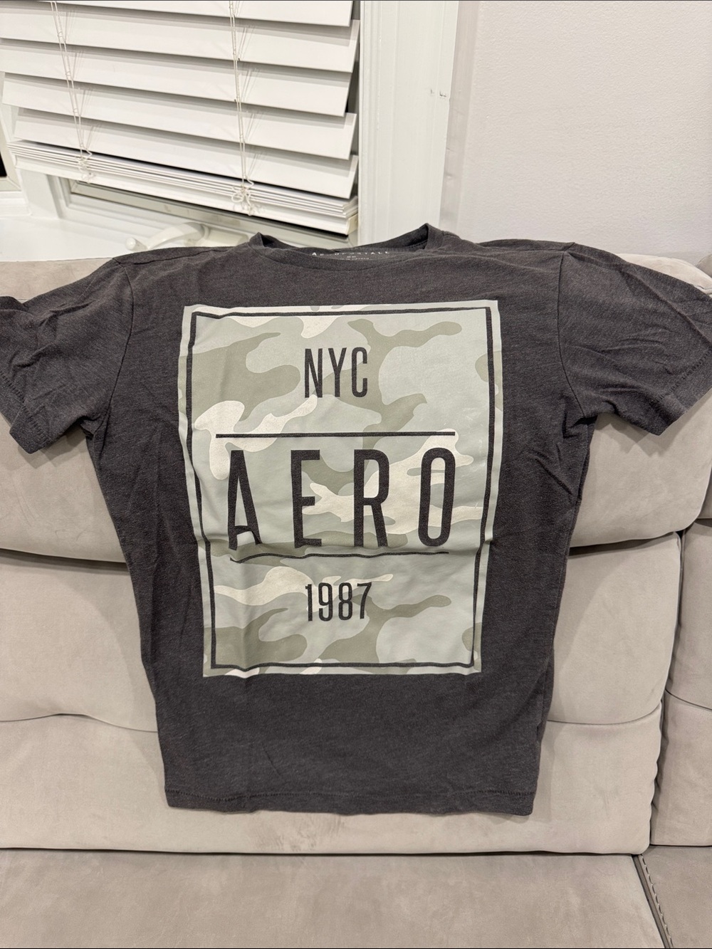 Aeropostale Charcoal Tee with Olive Camo Aero Graphic